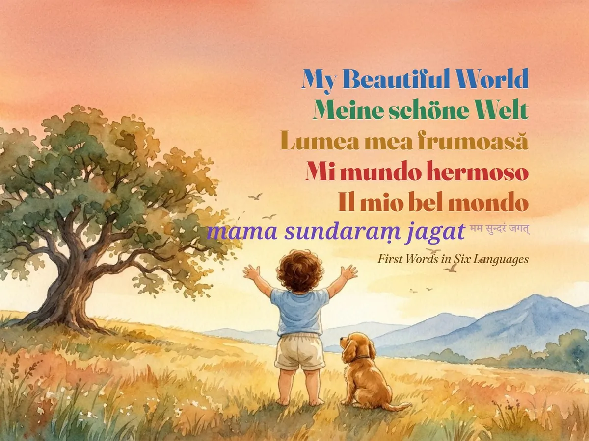 The cover of My Beautiful World — a small child looking out over a valley at sunset, with the title in six languages