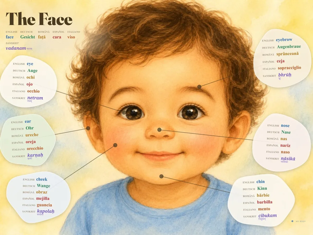 A real page from the book — The Face, with every part labelled in English, German, Romanian, Spanish, Italian and Sanskrit