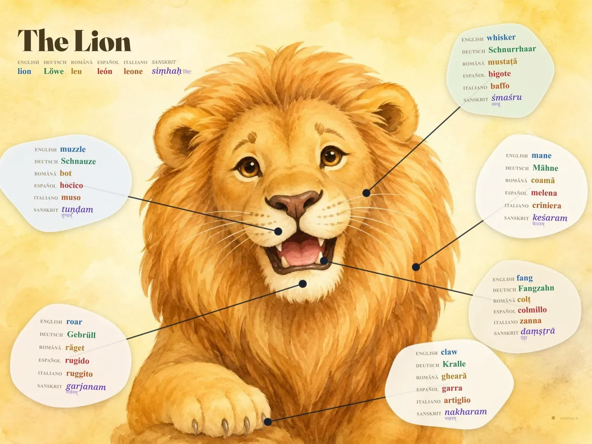 A real page from the book — The Lion, with every part labelled in six languages