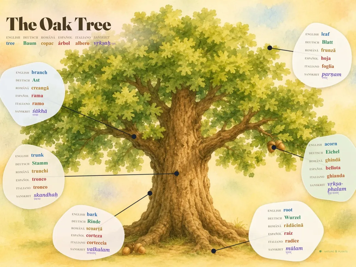 A real page from the book — The Oak Tree, with every part labelled in six languages