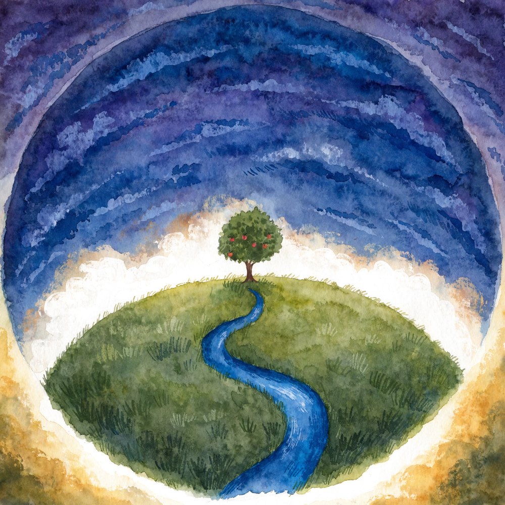 A small illustrated world at golden hour — the whole world a child is learning to name